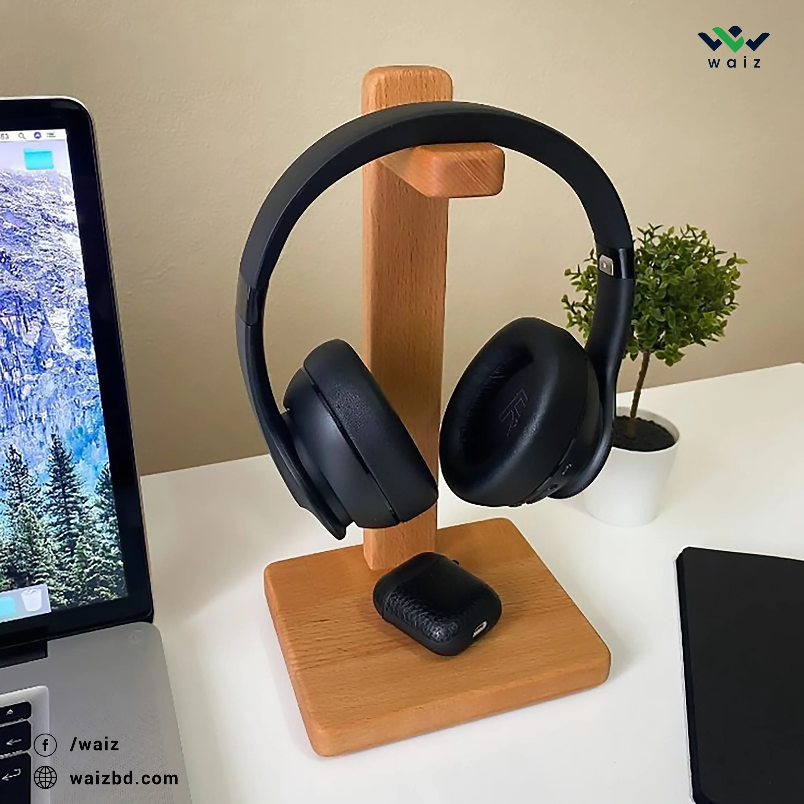 Premium Wooden Headphone Stand (Minimalist Desk Organizer)